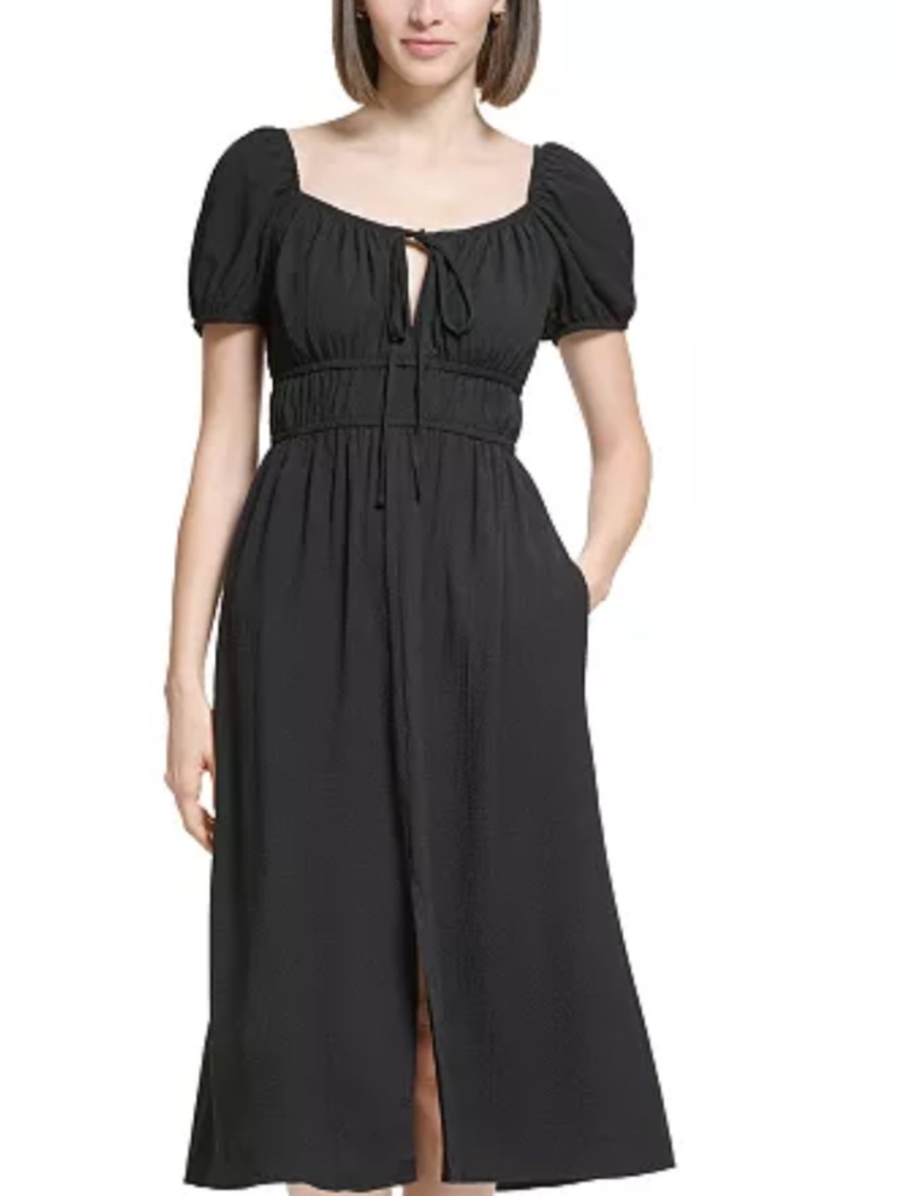 Calvin Klein Black Puff Sleeve Empire Waist Midi Dress Size 8 Light Textured